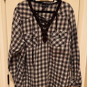 Torrid Black and White Plaid Lace-Up Blouse, Size 4